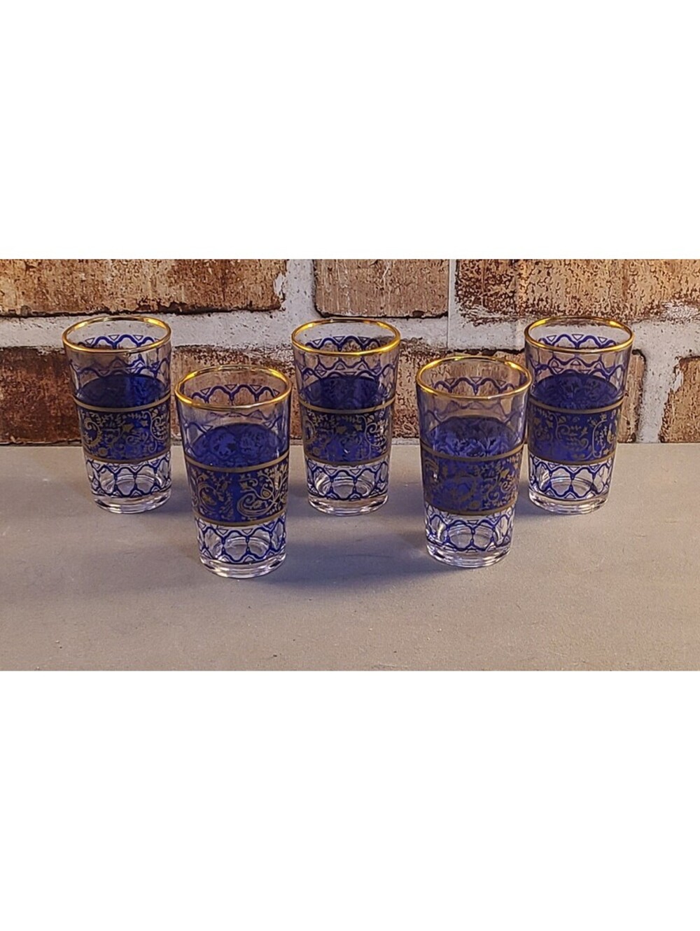Vtg 5pc Cobalt Blue & Gold Moroccan Tea Glasses 3.5" Mini Tumblers Boho Barware